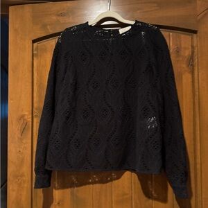 Sezane Navy Eyelet Lace Long Sleeve Blouse